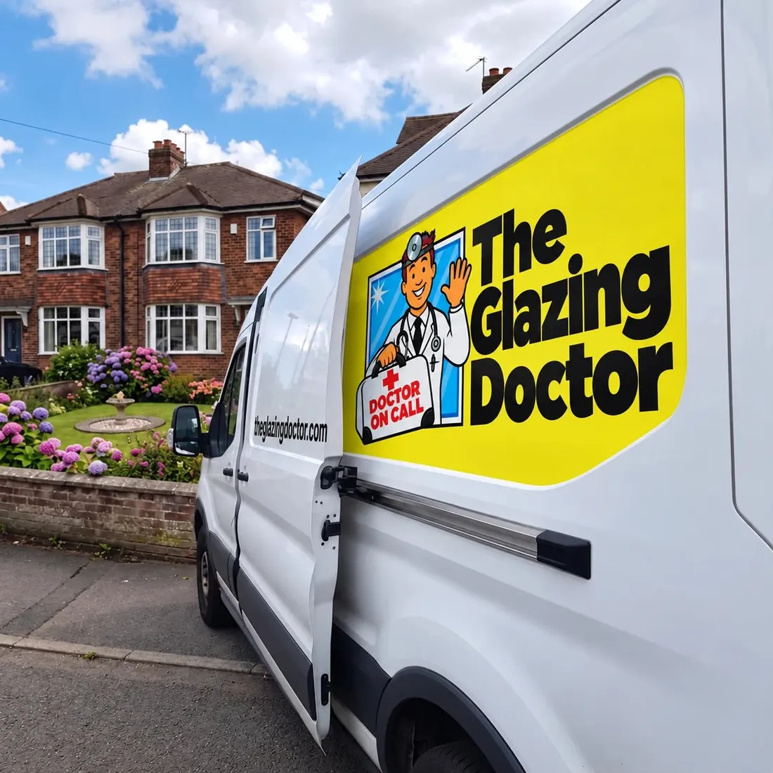 The Glazing Doctor van parked outside a house